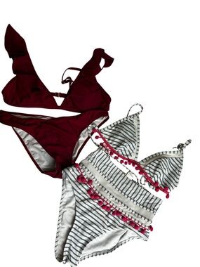 BUNDLE WOMENS SWIMSUITS SIZE 6 M TWO PIECE SETS HIGH WAIST STRIPED RED TOP
